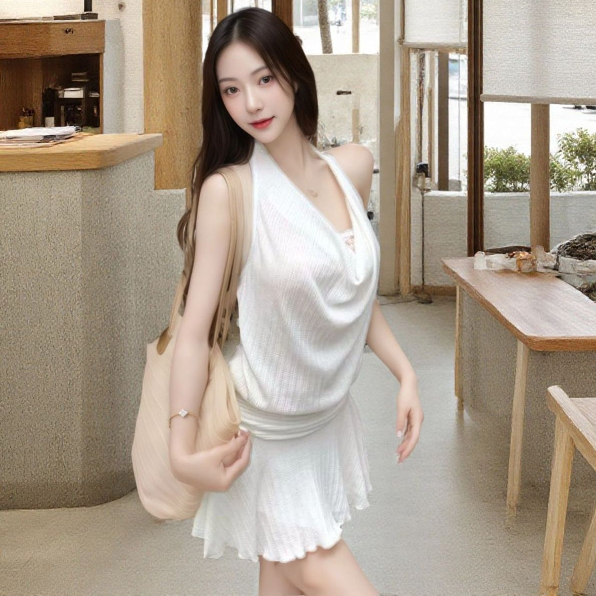 Swing Collar Women's Dress White Halter Backless