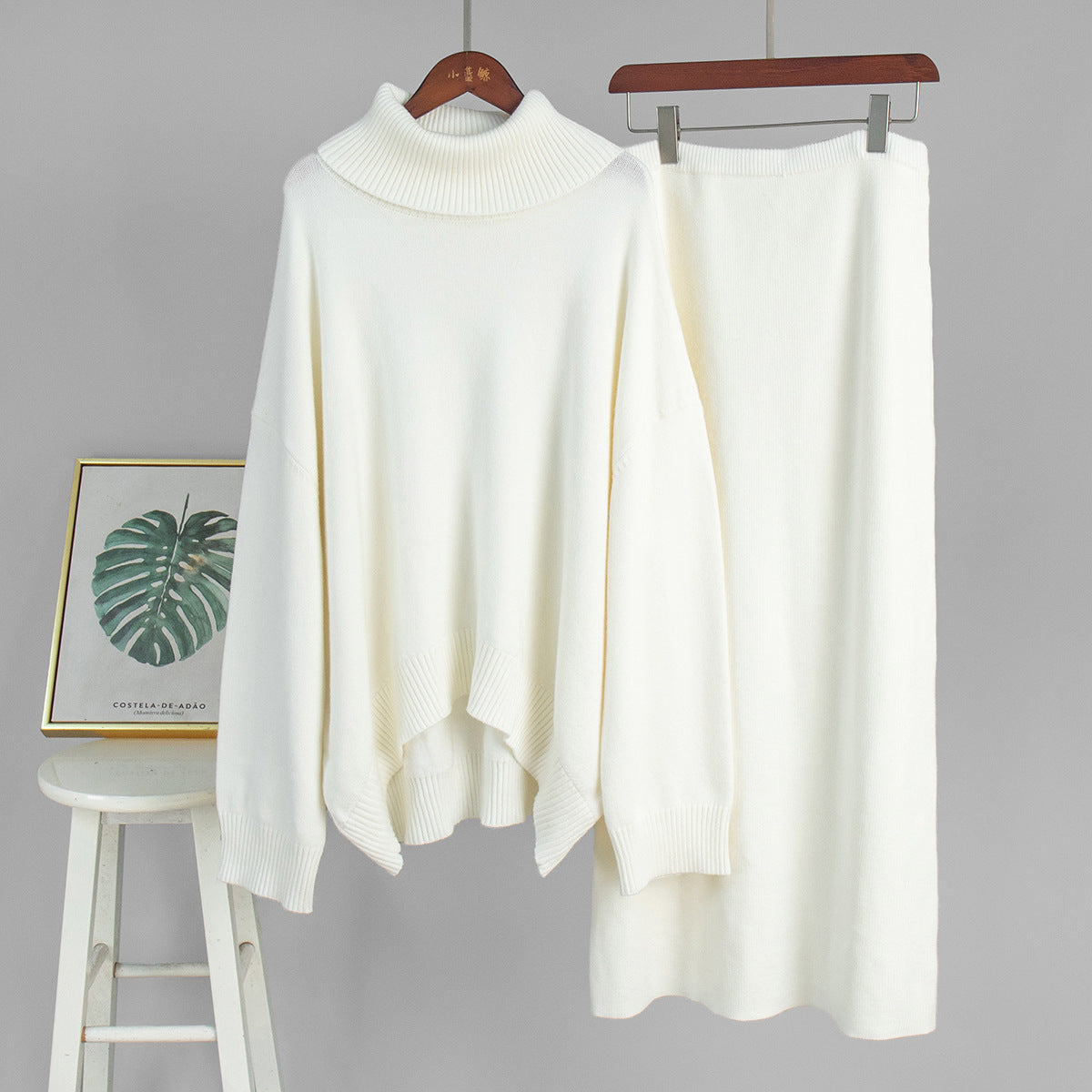 Casual Solid Color Turtleneck Sweater Skirt Suit