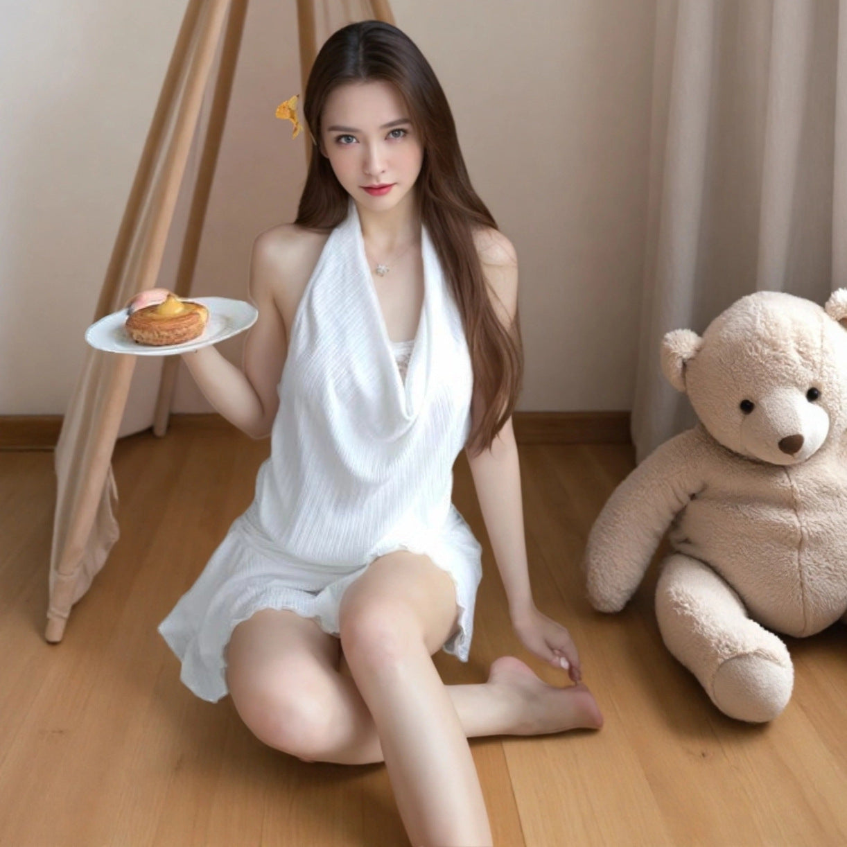 Swing Collar Women's Dress White Halter Backless