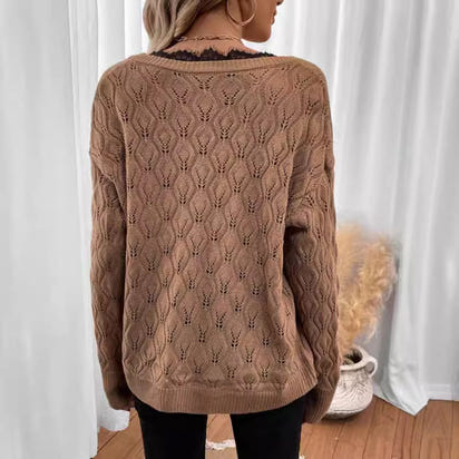 New Solid Color Pullover Long Sleeve Lace Edge Sweater For Women