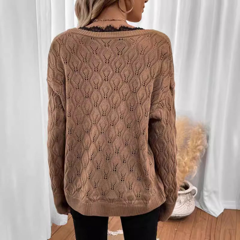 New Solid Color Pullover Long Sleeve Lace Edge Sweater For Women