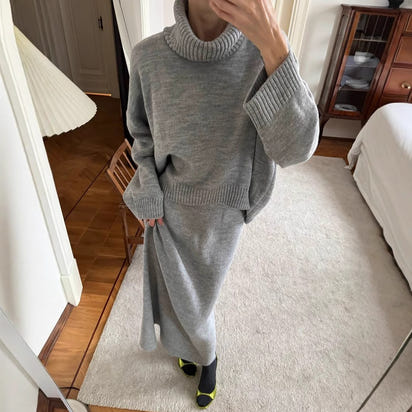 Casual Solid Color Turtleneck Sweater Skirt Suit