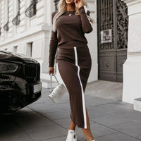 Women's 2 Piece Skirt Set, Fall Long Sleeve Sweatshirt With Midi Skirt Casual Lounge Outfit