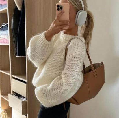 Women's Solid Color Round Neck Loose Casual Knitted Sweater