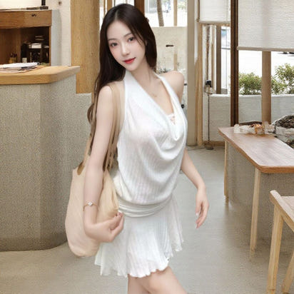 Swing Collar Women's Dress White Halter Backless