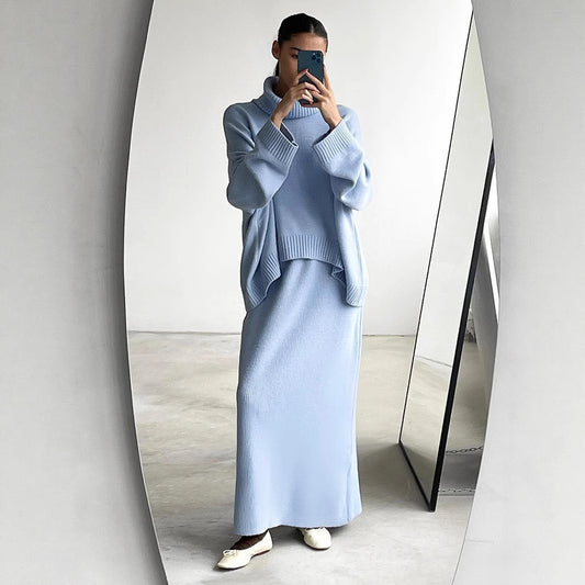 Casual Solid Color Turtleneck Sweater Skirt Suit