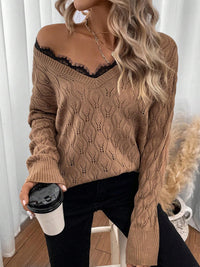 New Solid Color Pullover Long Sleeve Lace Edge Sweater For Women