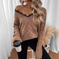New Solid Color Pullover Long Sleeve Lace Edge Sweater For Women