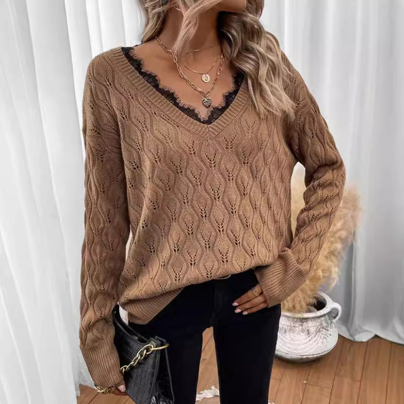 New Solid Color Pullover Long Sleeve Lace Edge Sweater For Women