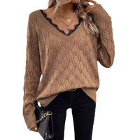 New Solid Color Pullover Long Sleeve Lace Edge Sweater For Women