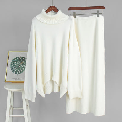 Casual Solid Color Turtleneck Sweater Skirt Suit