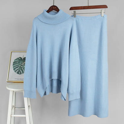 Casual Solid Color Turtleneck Sweater Skirt Suit