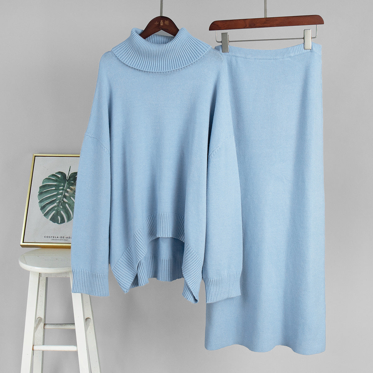 Casual Solid Color Turtleneck Sweater Skirt Suit
