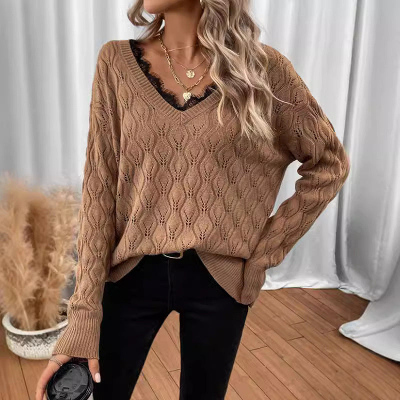 New Solid Color Pullover Long Sleeve Lace Edge Sweater For Women