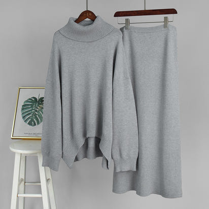 Casual Solid Color Turtleneck Sweater Skirt Suit