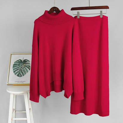 Casual Solid Color Turtleneck Sweater Skirt Suit