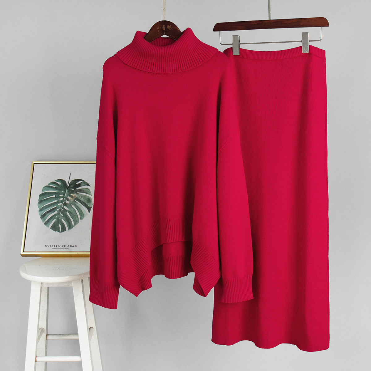 Casual Solid Color Turtleneck Sweater Skirt Suit