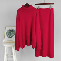 Casual Solid Color Turtleneck Sweater Skirt Suit