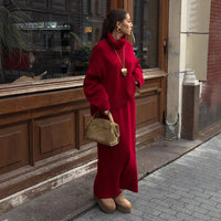 Casual Solid Color Turtleneck Sweater Skirt Suit